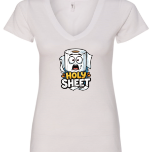 white v-neck t-shirt saying holy sheet with a toilet paper with a surprised face eyes and mouth open