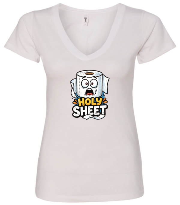white v-neck t-shirt saying holy sheet with a toilet paper with a surprised face eyes and mouth open