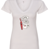 white v-neck t-shirt featuring a conversation between a red toothbrush and a toilet paper, toothbrush says i hate my job and toilet paper answered oh! please