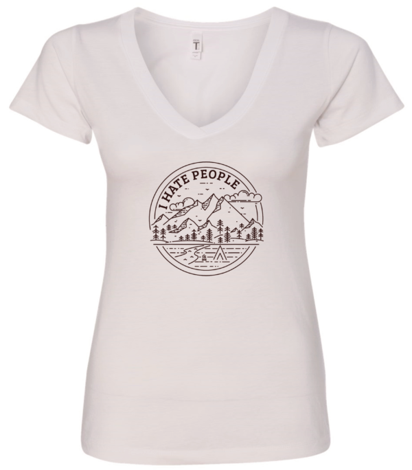white v-neck t-shirt saying i hate people in a mountain road