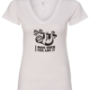 white v-neck t-shirt saying i move when i feel like it featuring a sloth hanging in a tree branch