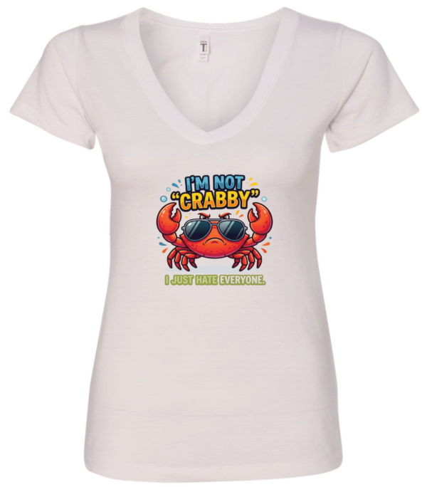 white v-neck t-shirt saying i'm not crabby i just hate everyone featuring a red crab with sunglasses