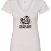 white v-neck t-shirt saying i'm only scary before coffee featuring a mad chicken