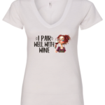 white alcohol v-neck t-shirt saying I pair well with wine featuring a woman with red hair drinking a glass of wine with eyes closed