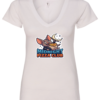 white v-neck t-shirt with a happy mouse eating a slice of pizza in the night saying midnight pizza club.
