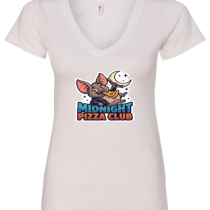 white v-neck t-shirt with a happy mouse eating a slice of pizza in the night saying midnight pizza club.