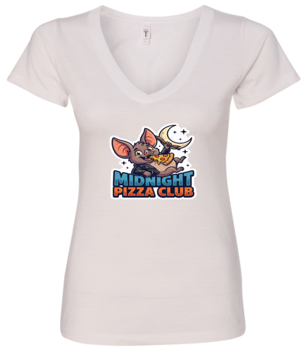 white v-neck t-shirt with a happy mouse eating a slice of pizza in the night saying midnight pizza club.