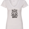 white v-neck t-shirt with an angry owl drinking coffee saying my brain is taking a break