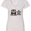 white v-neck t-shirt featuring an angry owl on a tree branch saying my patience needs patience
