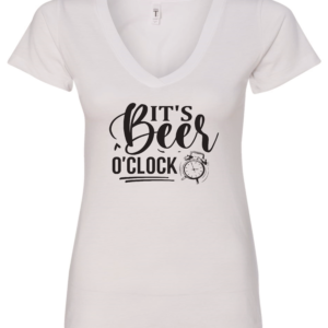 white alcohol v-neck t-shirt saying It's beer o' clock