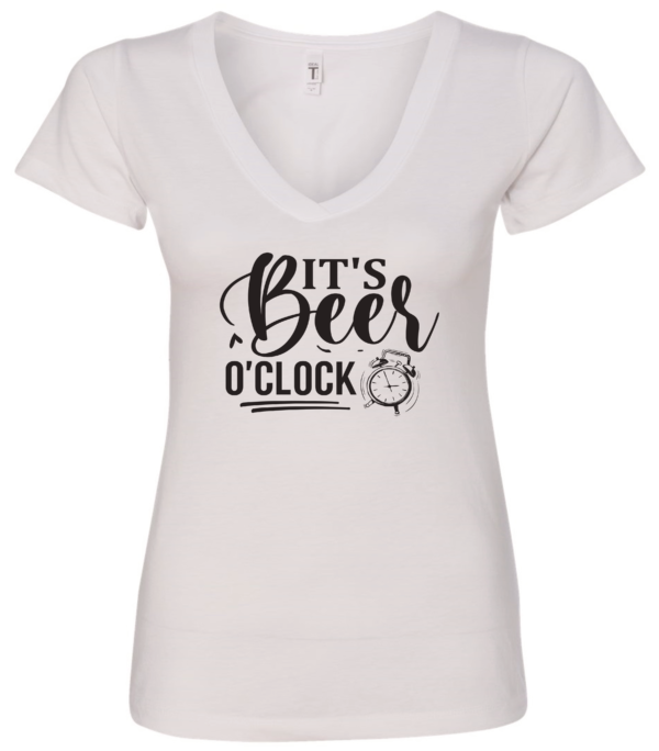 white alcohol v-neck t-shirt saying It's beer o' clock