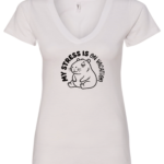 white v-neck t-shirt featuring a capybara saying my stress is on vacation