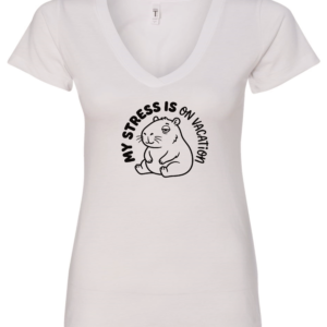 white v-neck t-shirt featuring a capybara saying my stress is on vacation