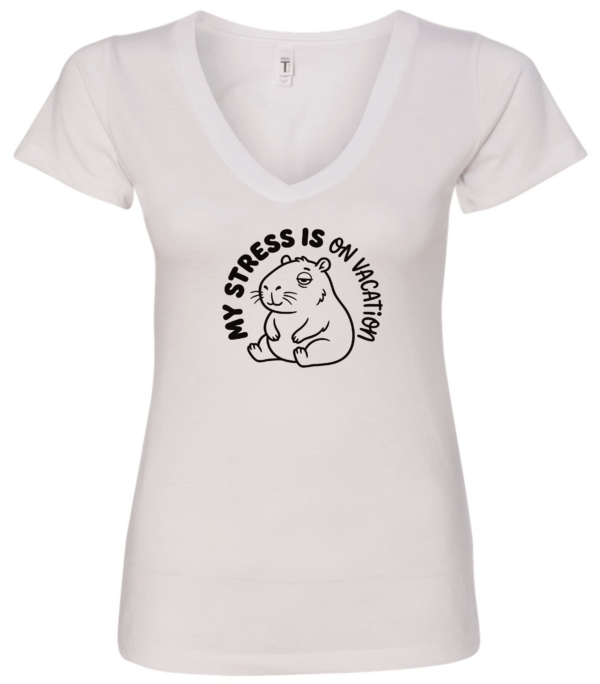 white v-neck t-shirt featuring a capybara saying my stress is on vacation