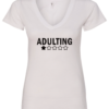 white v-neck t-shirt featuring a one star review to adulting