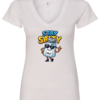 white v-neck t-shirt featuring a restaurant salt shaker with sunglasses and shoes saying stay salty