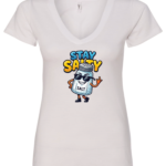 white v-neck t-shirt featuring a restaurant salt shaker with sunglasses and shoes saying stay salty