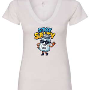 white v-neck t-shirt featuring a restaurant salt shaker with sunglasses and shoes saying stay salty