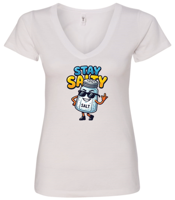white v-neck t-shirt featuring a restaurant salt shaker with sunglasses and shoes saying stay salty