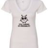 white v-neck t-shirt featuring a confused ciature saying still loading my personality