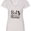 white v-neck t-shirt featuring a toilet saying best seat in the house