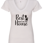 white v-neck t-shirt featuring a toilet saying best seat in the house