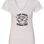 white v-neck t-shirt featuring an exhausted squirrel saying too much thinking today