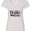 white v-neck t-shirt saying wake and bake with two 2 green marijuana leaves
