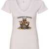 white v-neck t-shirt featuring a raccoon eating pizza in a trash can saying weekend status