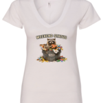 white v-neck t-shirt featuring a raccoon eating pizza in a trash can saying weekend status
