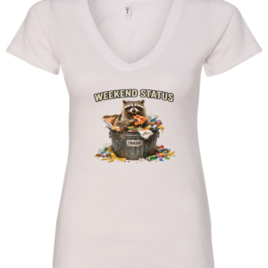 white v-neck t-shirt featuring a raccoon eating pizza in a trash can saying weekend status