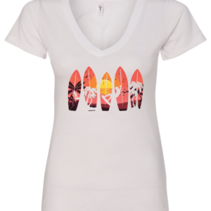 white v-neck t-shirt with 5 surfing tables with palm trees, the sun and a guy surfing printed on it