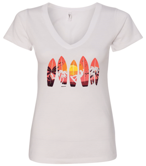 white v-neck t-shirt with 5 surfing tables with palm trees, the sun and a guy surfing printed on it