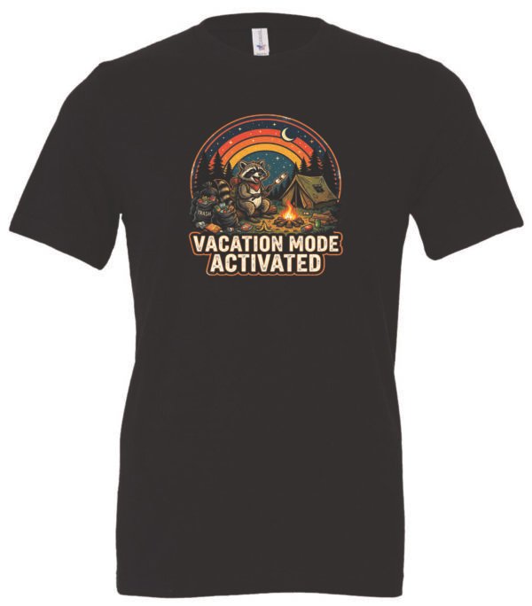 black t-shirt with a racoon in the fire eating marshmallows in the night surrounded by trash saying vacation mode activated